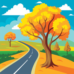 Autumn road winding through golden trees.