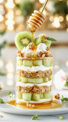.Yogurt dessert with granola and kiwi drizzled with honey for a refreshing breakfast or snack.
