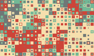 Abstract geometric pattern with multicolored squares.  Retro style design perfect for website backgrounds, presentations, or textile prints.  Represents data, technology, or modern design concepts.