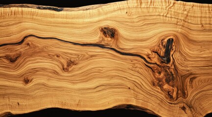 Natural wood slab, showing intricate wood grain patterns, dark streaks and knots  Close-up view of a piece of wood with a wavy texture
