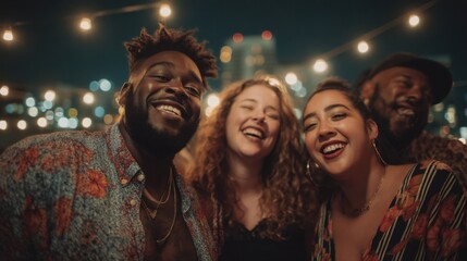 One of them, a Black plus-size man, is holding a perfume bottle. Include a Japanese woman, a person with Indigenous heritage, and a stylish Latina woman.