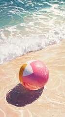 Obraz premium Coastal beach scene with vibrant beach ball.