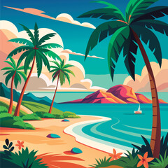 Fototapeta premium Vector illustration of a Tropical beach paradise scene.