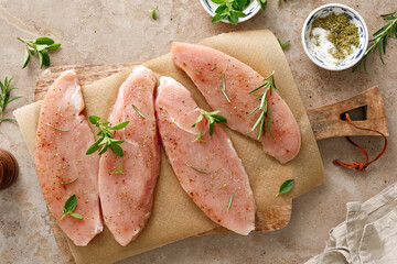 Meat. Raw turkey tenderloin meat, turkey steaks with ingredients for cooking, top view