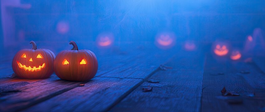 Halloween pumpkins in a mystical night setting