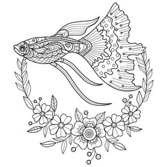 Fish and beautiful flowers hand drawn for adult coloring book