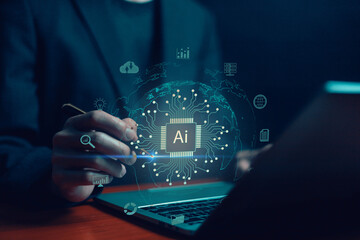 Business data using AI technology background using computer customer service showing data...
