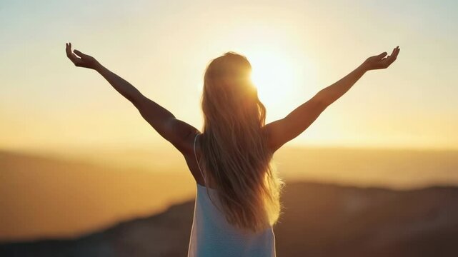 Blonde woman raising her arms in celebration, embracing the feeling of freedom while enjoying a stunning sunset atop a mountain, with the wind playfully tousling her hair