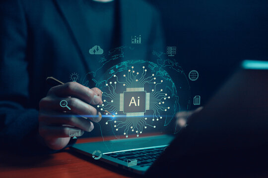 Business data using AI technology background using computer customer service showing data connection storing various data with AI to help simplify documents
