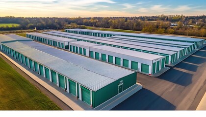 Aerial view of green and white self-storage buildings surrounded by trees under clear sky.