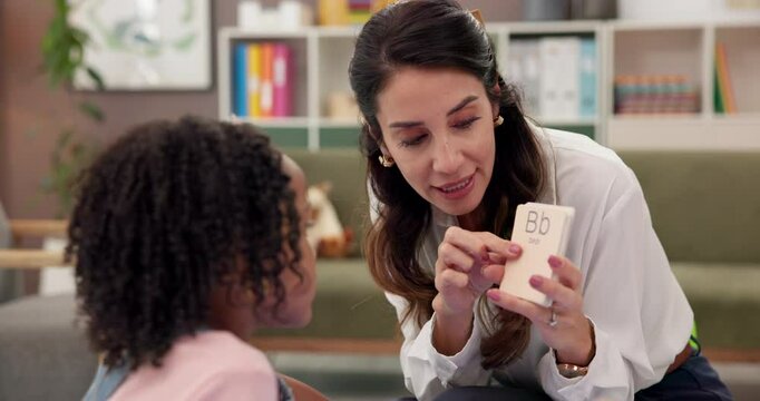 Cards, psychologist and woman with girl, help and adhd with conversation, questions and speech therapy for lisp. Mature person, expert and child with counseling evaluation, talk and language learning