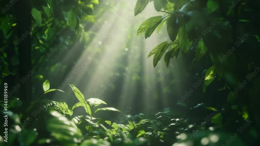 Poster sunbeams are filtering through lush green leaves and illuminating the plants growing on the ground o