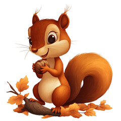 A Cartoon Squirrel Sitting on a Tree Branch Isolated on Transparent Background