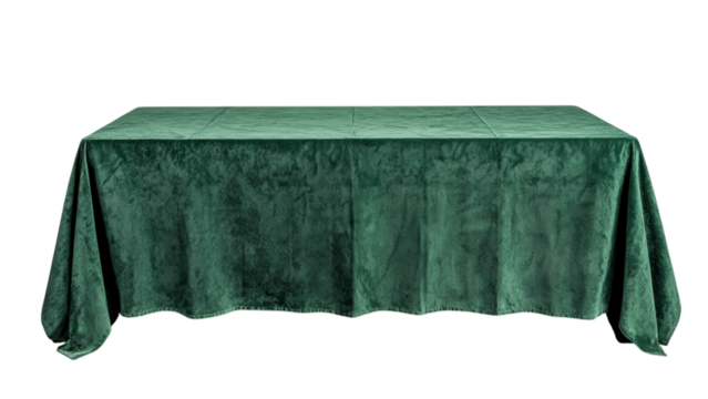 Png of Elegant green tablecloth drapes gracefully over a long rectangular table, adding a touch of sophistication to any setting.