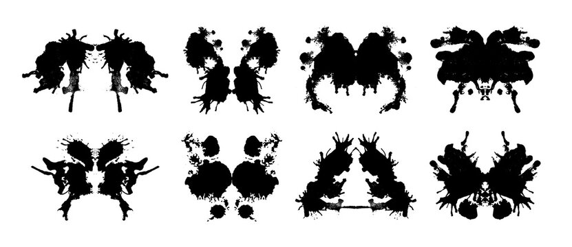 Rorschach test inkblots set isolated on white background. Vector realistic illustration of abstract black ink stains for mental treatment, abstract silhouettes for psychology examination, tattoo image