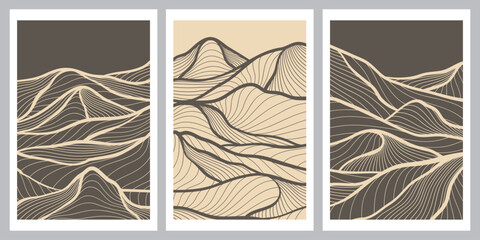 Set of mountain line art backgrounds, luxury wallpaper designs for covers, invitation backgrounds, white line designs, wall art and prints. Vector illustration.