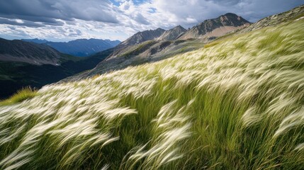 Sunlight dappled mountain grassy landscape
