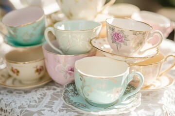 Vintage porcelain tea cups with floral patterns and delicate designs