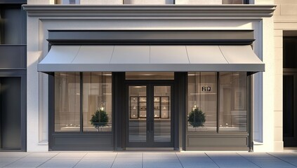 Store exterior with light walls, dark gray frames, awnings, lit display windows, and double doors.