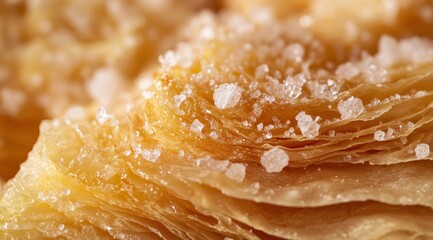 Close-up view of flaky pastry layers, dusted with coarse sea salt  Golden-brown, layered pastry, detailed texture