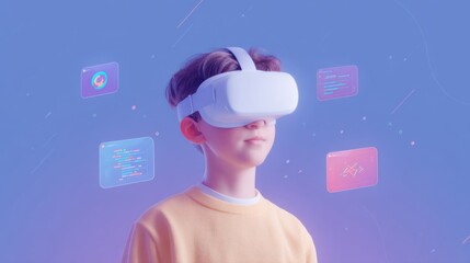 A minimalist educational collage for a VR Academy, centered on a young student wearing a sleek VR headset, surrounded by five floating icons: a holographic VR interface, a simple 3D model.