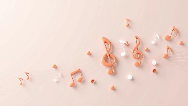 Elegante 3D-Musiknoten in Orange und Wei&szlig; auf zartem Hintergrund, stilisiert, kreativ und modern gestaltet.