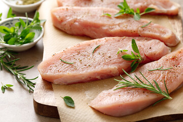 Meat. Raw turkey tenderloin meat, turkey steaks with ingredients for cooking