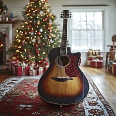 Acoustic guitar rests on holiday floor in cozy home.