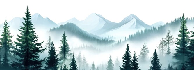 Fototapeta premium A blue-green toned mountain forest painting with pine trees, mist, and distant peaks.