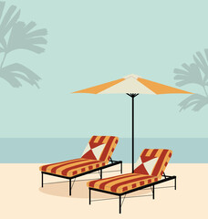 Two lounge chairs are on a beach with an umbrella in the background. The chairs are striped and the umbrella is orange. Scene is relaxed and leisurely. Flat vector illustration