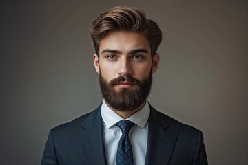 Stylish Studio Portrait of Young Man with Trendy Beard in Professional Business Attire