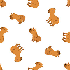 Seamless pattern with cute capybaras.  Design for decorating a nursery.	