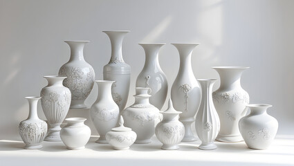 A Serene Collection of White Porcelain Vases Displaying Delicate Embossed Floral Motifs