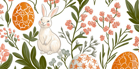 Easter celebration with a rabbit, colorful eggs, and floral decorations