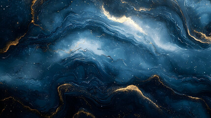 Abstract artwork featuring fluid gold and blue patterns.