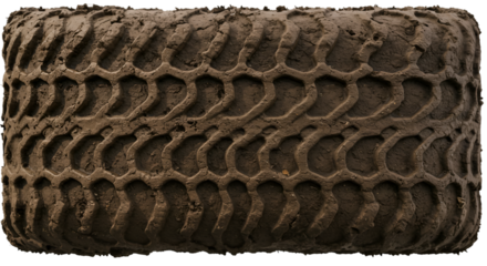 Mudcaked tire with intricate tread pattern