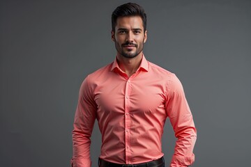 Obraz premium Confident Businessman Wearing Coral Shirt Against Gray Background