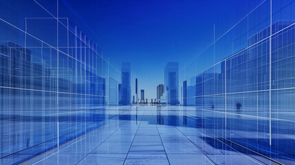 Futuristic cityscape with mirrored skyscrapers and digital reflections in a modern urban environment