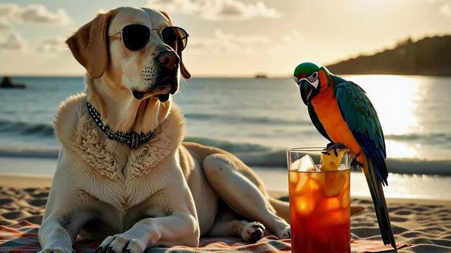 Dog relaxing with sunglasses beside a parrot on the beach  