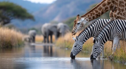 A group of giraffes, elephants, and zebras at the watering hole in an African savannah