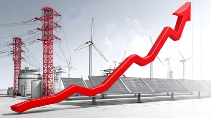Fototapeta premium A conceptual image features a graph with rising energy costs represented by an upward arrow, juxtaposed with symbols of renewable energy sources like wind turbines and solar panels. The background is