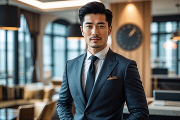 Naklejka premium Stylish Asian Entrepreneur in Trendy Suit Representing Youthful Business Ambition in Modern Setting