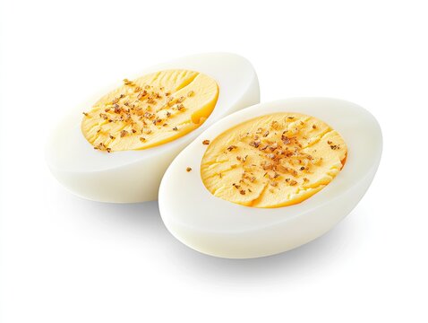 Two halves of a hard-boiled egg, seasoned, isolated on white