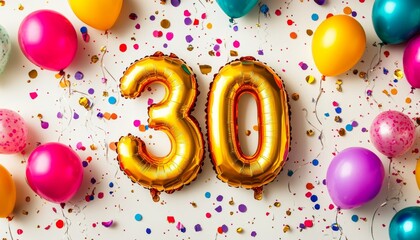 Golden 30 Number Balloons With Colorful Balloons And Confetti For 30th Birthday Celebration