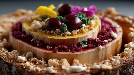 Decorative heart-shaped cake with cherries, nuts, flowers, and colorful toppings on rustic wooden base