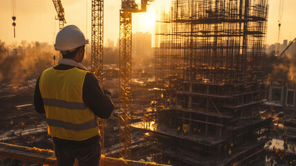 Fototapeta premium Construction Worker Overseeing Site As Sun Sets Behind Highrise in Progress, Generative AI
