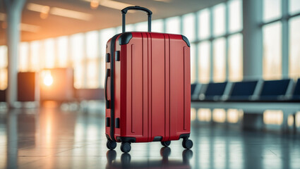A stylish red hard shell suitcase with clean lines and metallic accents placed on the airport terminal