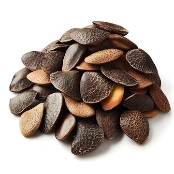 Pile of brown brachychiton seeds, close up, studio shot, isolated on white background