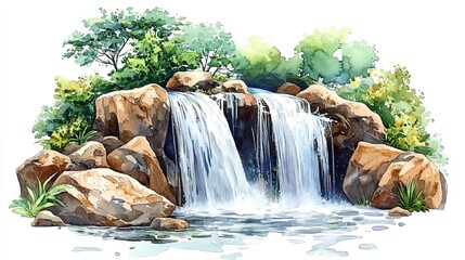 Watercolor painting of mountain waterfall with rocks and trees.