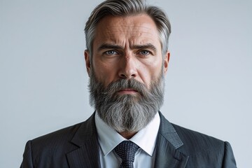Professional Middle-Aged Businessman in Suit with Beard on White Background